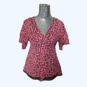 Vintage Y2K Red Silk Sheer Empire Waist Short‎ Sleeve Babydoll Blouse 4